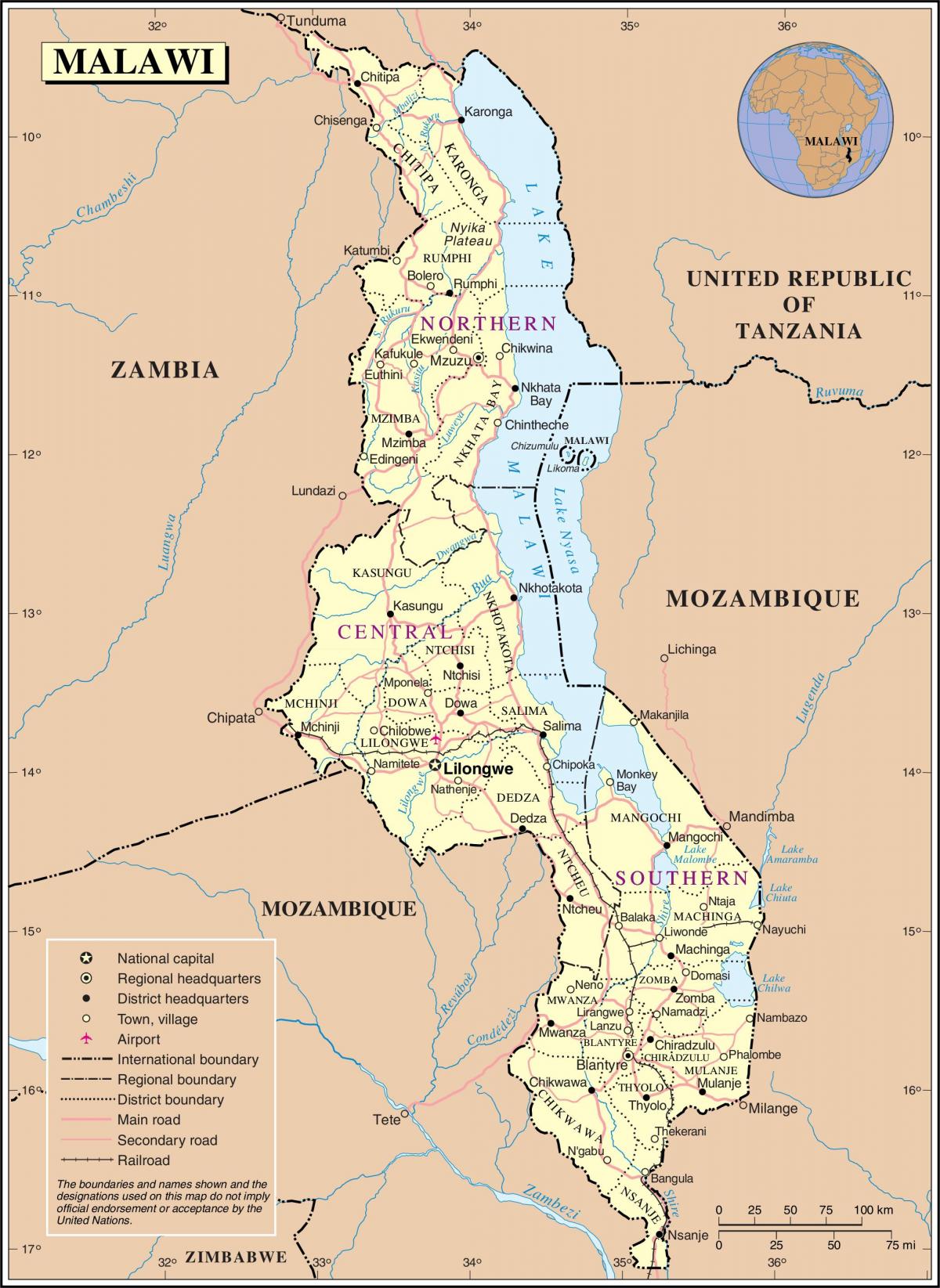 карта на Малави покажува патишта