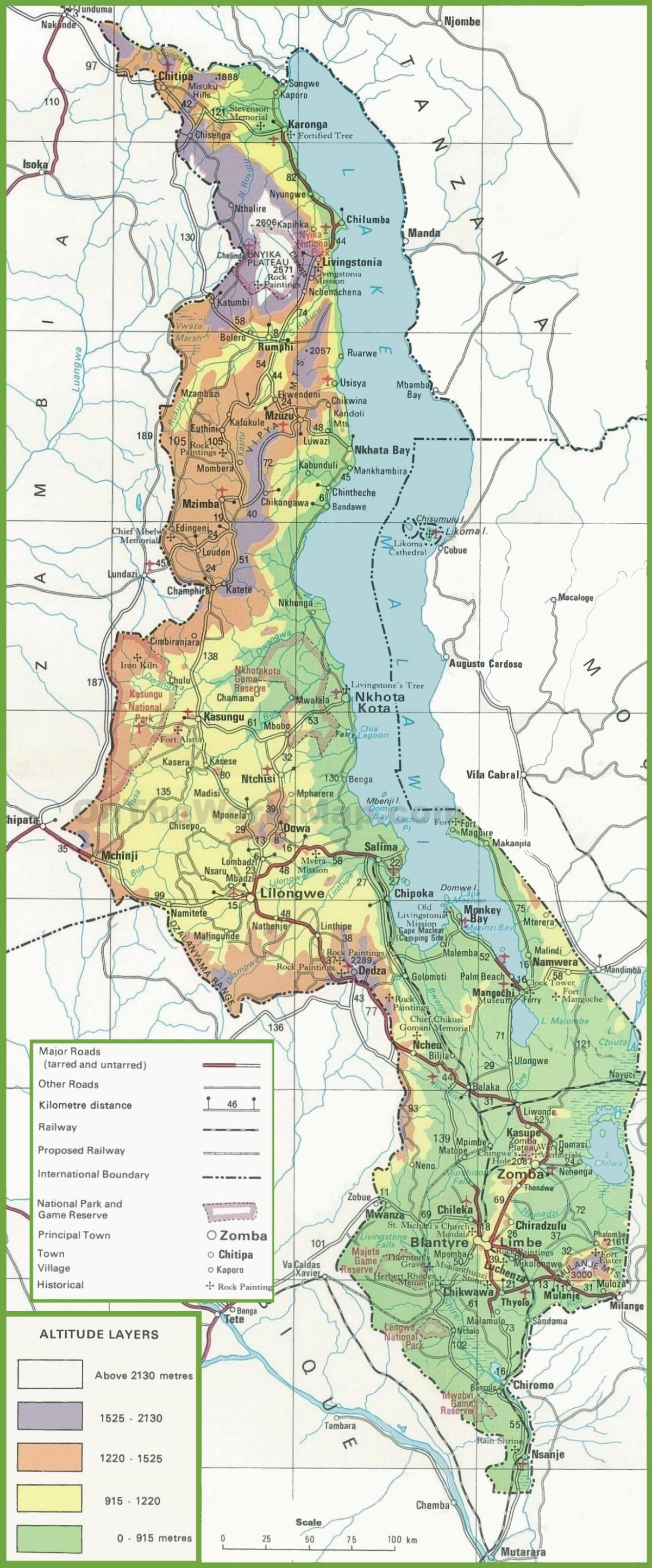карта на физичка карта на Малави