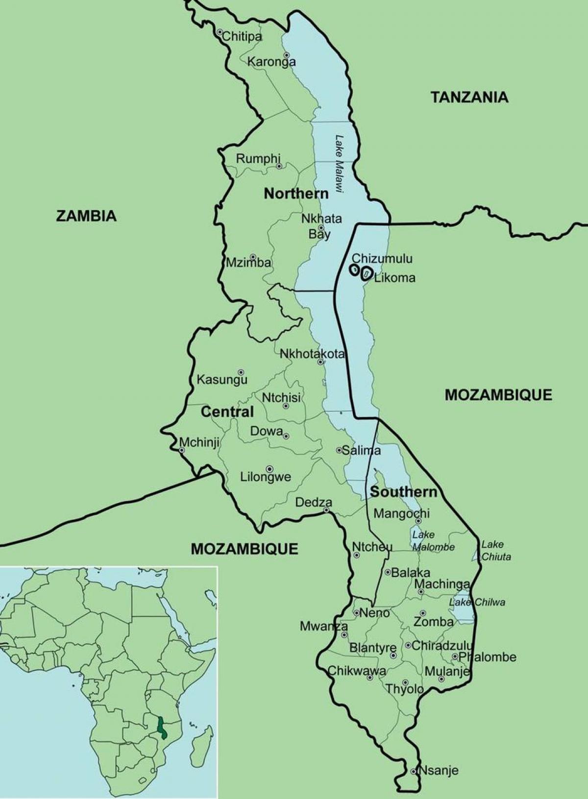 карта на Малави покажува области